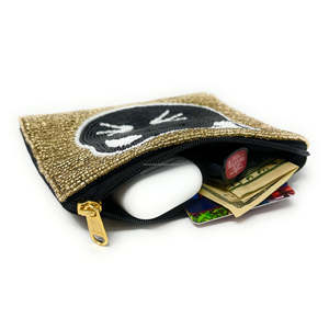 Vintagely Cute Cat Face Embroidered <b>Compact</b> Eco-Friendly Mini <b>Wallet</b> Gold Black Beaded Zipper Coin Pouch Soft Washable Gift for - Product Image 3