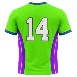 Camiseta de Netball Unisex Verde Neón y Morado, Sublimada, de Poliéster, Manga Corta, Cuello Redondo, Ropa Deportiva, Panel Lateral para Entrenamiento - Product Image 2