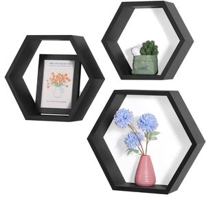Étagères flottantes hexagonales en bois faites à la main, décoration murale rustique en nid d'abeille, boîte à ombre géométrique pour plantes, photos et cristaux - Product Image 1