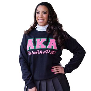 Sudadera Negra Unisex AKA Phinished It con Cuello Redondo, Gráfico de Letras en Chenilla, Algodón Premium, Elegante y Cómoda - Product Image 1