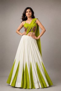Designer Pure Rayon Fabric With Contrast Panel Design Adorned With Gota Patti Lace And Pearls & <b>Shell</b> Tassels Nvaratri Lehenga - Product Image 3