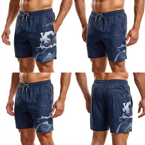 Shorts de bain modernes pour hommes, motif vague côtière, avec impression numérique premium, tissu léger à séchage rapide et style athlétique pour la plage - Product Image 4