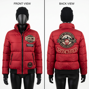Premium 210 GSM Polyester Pongee Women Puffer <b>Jacket</b> Red Quilted Panel Custom Embroidery Chenille Applique Logo OEM - Product Image 1