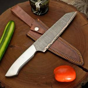 Cuchillo de Chef Estilo Vikingo de 7 Pulgadas Hecho a Mano con Hoja de Cobre Damasco, Mango de Acero, Funda de Cuero y Logotipo Personalizado - Product Image 6