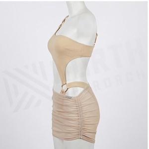 Women One-Shoulder Asymmetric Tankini <b>Set</b> With Ruched <b>Skirt</b> Solid Color Spandex Nylon <b>Bikini</b> Swimwear - Product Image 3