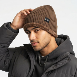 Custom Unisex <b>Brown</b> Knit <b>Beanie</b> Sherpa Fleece Lined Warm Winter Wear Hat Custom Logo Casual Wear Winter Wear Warm <b>Beanie</b> - Product Image 5