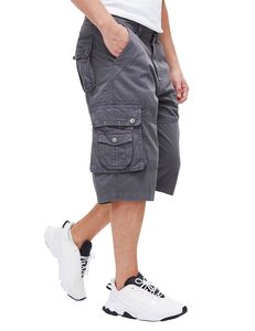 Shorts cargo 100 % coton pour homme, décontractés, d'été, pour la randonnée, taille élastique, décoration numérique vintage, couleur unie, longueur genou, tricotés - Product Image 5