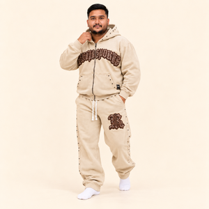 Rexfit sports 2026 Custom <b>Men</b>’s Cream Studded Tracksuit Zip Up <b>Hoodie</b> and Jogger Set with <b>Brown</b> Applique Streetwear Design - Product Image 5