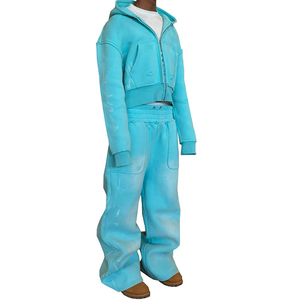Customized Logo 500 Grams Fleece Acid Washed Zip Up Cropped Hoodie Sweat Suit <b>Set</b> Baggy Flared Wide Leg Acid Wash <b>Sweatpants</b> - Product Image 2