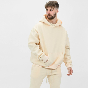 Sweat à capuche en molleton de coton crème pour homme, coupe ample, décontracté, avec poche avant, service OEM - Product Image 1