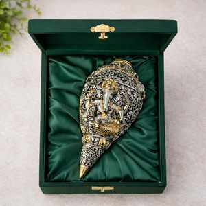 Concha Sagrada Ganesh Shankh Chapada en Plata Pura 999 y Oro de 24K, de 3.5 Pulgadas, Bicolor, Obra Decorativa Vastu para el Éxito y la Riqueza - Product Image 1