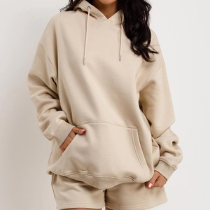 Ensemble de survêtement à capuche pour femme, couleur unie, coupe décontractée, manches longues, en coton, avec short, pour le printemps - Product Image 5
