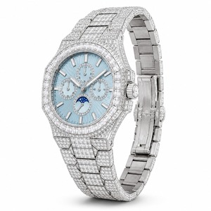 Luxury Women's Diamond Watch Stainless Steel Band Analog Mechanical <b>Chronograph</b> Round Case Blue Dial - Product Image 2