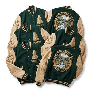 Chaqueta Bomber Varsity de Lana con Mangas de Cuero y Bordado de Puente Harbor Bascule, Parche Contrapeso, Color Granate - Proveedor de Ropa - Product Image 2