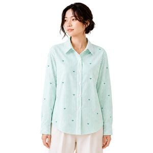 Chemisier en coton vert menthe et blanc rayé pour femme, à manches longues, boutonné, avec broderie cœur, coupe ample, style décontracté et oversize - Product Image 1