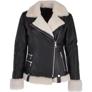 Standard International Women's High Quality Biker Leather Jacket with Fur Side Zip Polyester Lining Logo Lines for Winter