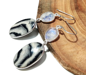 Natural Zebra Jasper & Rainbow Moonstone Oval Cut Silver Plated 925 Sterling Silver Handmade Drop <b>Earrings</b> for Women/Unisex - Product Image 6