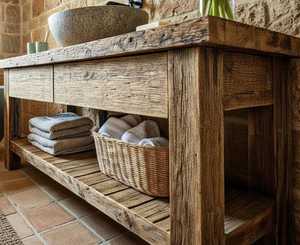 Meuble-lavabo en bois massif finition naturelle avec tiroir et étagère de rangement pour villa et appartement - Product Image 4