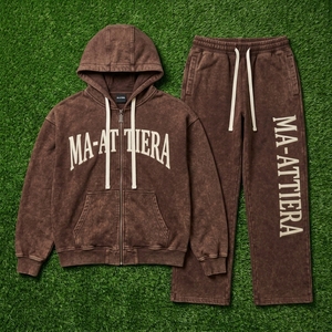 Custom Men <b>Brown</b> Acid Wash Zip Up Hoodie <b>Jogger</b> Set Cotton Fleece Streetwear Tracksuit OEM Wholesale - Product Image 5