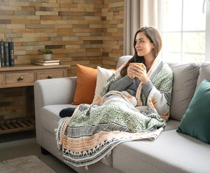 Manta de Viaje Moderna y Lujosa para Todas las Estaciones, Estilo Bohemio Indio, 100% Algodón Orgánico, Tejido con Estampado de Bloques, Ligera, Lavable a Máquina, para el Hogar - Product Image 1