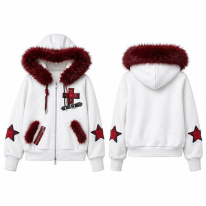 Sudadera con Capucha Blanca con Cierre y Forro de Piel Sintética Roja, Estrellas Bordadas, Chaqueta Casual Cálida de Invierno para Mujer - Product Image 1
