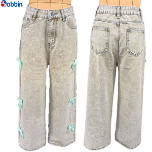 Nuevos Jeans de Moda para Mujer, Estilo Moderno, de Algodón, Anchos, Casuales, Simples, con Lazos, Lavados, de Cintura Alta, Lavables - Product Image 1