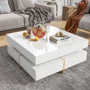 On TREND Modern High Gloss 4-Drawer <b>Coffee</b> <b>Table</b> Square Cocktail Tea Wood Grain <b>Legs</b> Center <b>Table</b> with Multi-Storage - Product Image 2