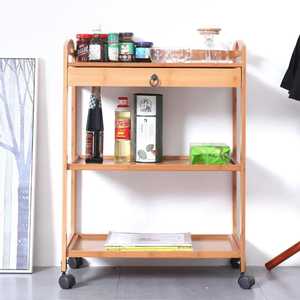 Eco-Friendly Natural Bamboo Kitchen Trolley 3-Tier <b>Rolling</b> Storage <b>Rack</b> with Drawer Mobile Spice Organizer Fruit Vegetable Cart - Product Image 1