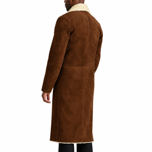 Aussie Edge <b>Men's</b> Brown Genuine <b>Leather</b> <b>Long</b> <b>Coat</b> Turn-down Collar Faux Fur Lining Windproof Winter Casual Streetwear Zipper - Product Image 3