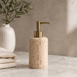 Modern Vanity Decor Organizer <b>Set</b> Luxury Natural Travertine Stone <b>Soap</b> Dispenser with Gold Pump Handmade Bathroom Accessory - Product Image 1