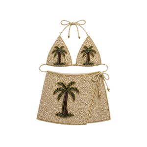 Conjunto de Vestido y Traje de Baño de Dos Piezas Azul con Cuentas, Bordado de Estrellas de Mar y Conchas, Patrón Geométrico, Parte Inferior con Cordón y Micro-Triángulo - Product Image 4