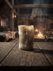 Copa artesanal Faiza Craft de cuerno de buey con tallado de rostro de dios vikingo, taza de hidromiel pulida natural. - Product Image 6
