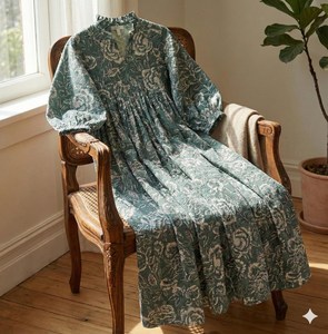 Ethnic Boho Grey Floral Hand Print Cotton Midi <b>Dress</b> With V-Neck 3/4 Puff Sleeve <b>Loose</b> Fit Casual <b>Dress</b> For Women - Product Image 2