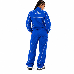 Custom Logo Royal Blue <b>Women</b> <b>Tracksuit</b> 2 Piece Set Baggy Wide Leg Pants <b>White</b> Piping Zip Up Track Jacket Streetwear Jogging Suit - Product Image 2