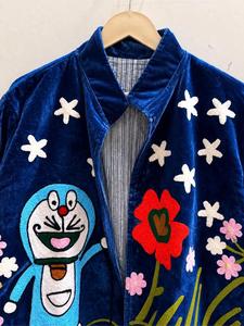 Luxury Blue <b>Velvet</b> Embroidered Suzani <b>Jacket</b> with Doraemon Pattern Full Sleeve Stand Collar Handmade Boho Winter Coat - Product Image 4