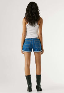 Shorts en jean bleu foncé pour femme, taille mi-haute, ourlet roulé, décontractés et chics pour l'été – Vente en gros, personnalisation disponible - Product Image 3