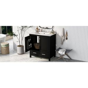 Mobile Bagno Nero da 30 Pollici con Lavabo Singolo Integrato, Mobiletto Sottolavabo a 2 Ante e Cassetto, Set Vanity Singolo - Product Image 5