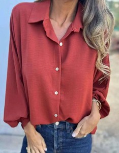 Chemisier uni à col rabattu pour femme, manches raglan, boutons sur le devant, printemps, été, automne - Product Image 6