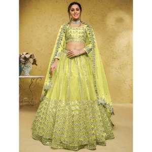 Lehenga Choli de Noche con Detalles en Dorado Amarillo Lima para Compromiso - Product Image 1