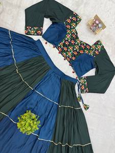 Women Ethnic <b>Lehenga</b> Choli Set Floral Embroidered Long Sleeve Crop <b>Top</b> Tiered Skirt Wedding Party Dress - Product Image 6