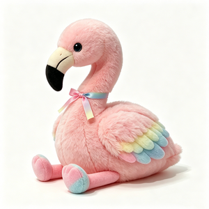 Peluche de flamenco sentado, adorable peluche de flamenco sentado con plumas pastel y cinta arcoíris, flamenco rosa de ojos grandes. - Product Image 2