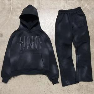 Ensemble de survêtements unisexe à capuche zippé et pantalon évasé, coupe ample, 100 % coton, style Y2K, avec logo personnalisé OEM, effet délavé à l'acide, pour l'hiver - Product Image 4