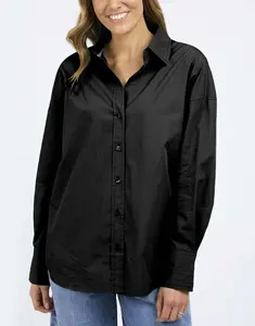 Novedades al por Mayor, Camisa Informal de Algodón Tejido para Mujer, Color Negro, Hombros Caídos, Pliegue en la Espalda, Dobladillo Alto-Bajo Curvo, Mangas Largas, Verano - Product Image 1