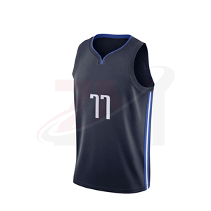 Camiseta de baloncesto para hombre, sin mangas, cuello en V, azul oscuro con número 77 blanco, estampado sublimado, uniforme de poliéster que absorbe la humedad - Product Image 2
