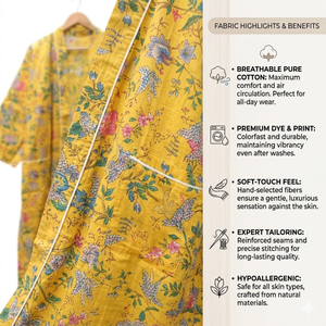 Bata de algodón con estampado floral amarillo, cuello en V, manga larga, estilo kimono, bata de baño larga con bolsillos y cinturón con cordón. - Product Image 6