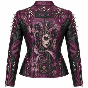 Purple Black Genuine Leather Jacket Jester Graphic Print Spike <b>Stud</b> Collar Snap Stand Biker Coat Custom Manufacturer Service - Product Image 2