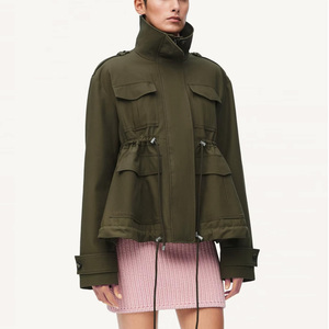 Women's Olive Green Utility Safari <b>Jacket</b> Stand Collar Full Sleeve Zipper Closure Patch Pockets Windproof Autumn Wear - Product Image 3