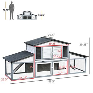Cage à lapins en bois d'extérieur de 89 pouces avec toit résistant aux intempéries, double enclos et plateau amovible pour cochon d'Inde, cage pour animaux de compagnie d'intérieur et d'extérieur - Product Image 3