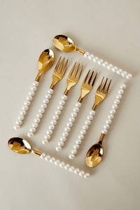 Ensemble de couverts en argent plaqué avec poignée en perles, finition miroir, longue poignée, vaisselle de mariage élégante, cuillère, fourchette, couteau - Product Image 2