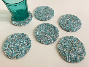 Handmade Beaded <b>Coasters</b>: Blue, <b>Silver</b>, and White (Set of 4/6) by whimsy art craft - Product Image 3